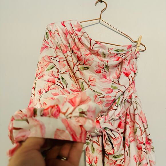 BRONX AND BANCO Layla Floral Pink White One Shoulder Silk Bow Mini Dress Size S - Picture 9 of 14